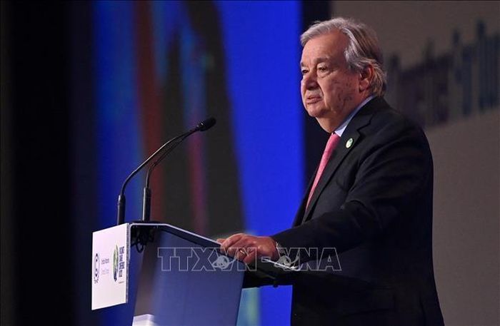 Tổng Thư ký LHQ António Guterres phát biểu tại phiên khai mạc Hội nghị thượng đỉnh các nhà lãnh đạo thế giới trong khuôn khổ Hội nghị COP26 ở Glasgow, Scotland, Anh. Ảnh tư liệu: AFP/TTXVN