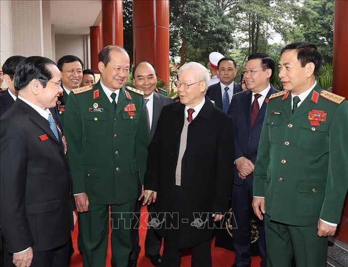Tổng Bí thư Nguyễn Phú Trọng cùng các đồng chí lãnh đạo Đảng, Nhà nước với đại biểu dự đại hội. Ảnh: Trí Dũng/TTXVN