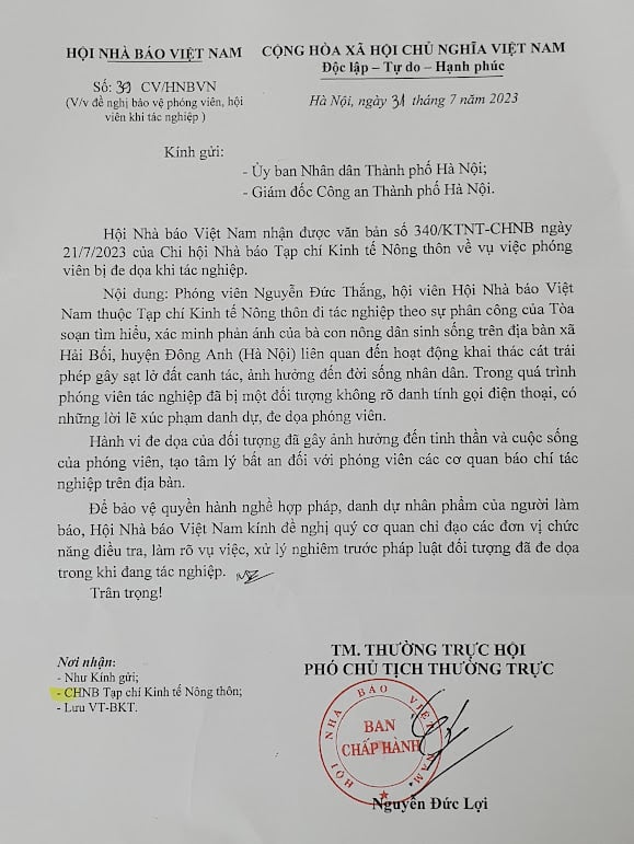 Công văn của Hội Nhà báo Việt Nam gửi UBND thành phố Hà Nội, Giám đốc Công an thành phố Hà Nội đề nghị bảo vệ phóng viên, hội viên khi tác nghiệp.