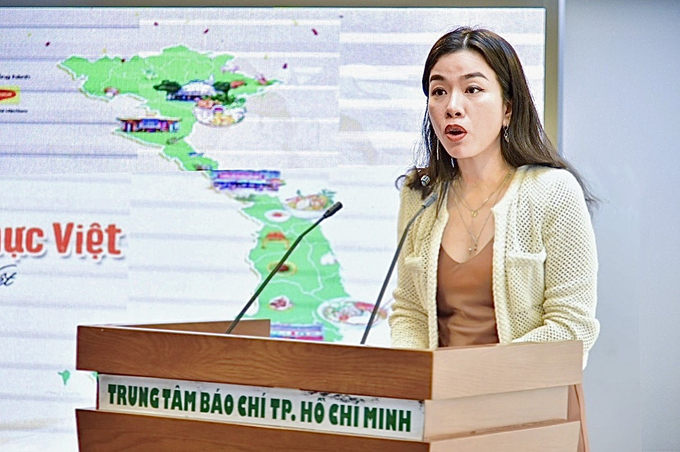 Bà Lê Bùi Thị Mai Uyên - Giám đốc ngành hàng thực phẩm công ty Nestlé Việt Nam phát biểu tại buổi họp báo giới thiệu lễ hội “Rạng danh văn hóa ẩm thực Việt” 