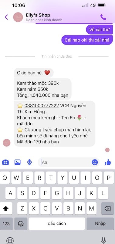 Số tài khoản cá nhân được gửi để khách hàng trả tiền mua sản phẩm