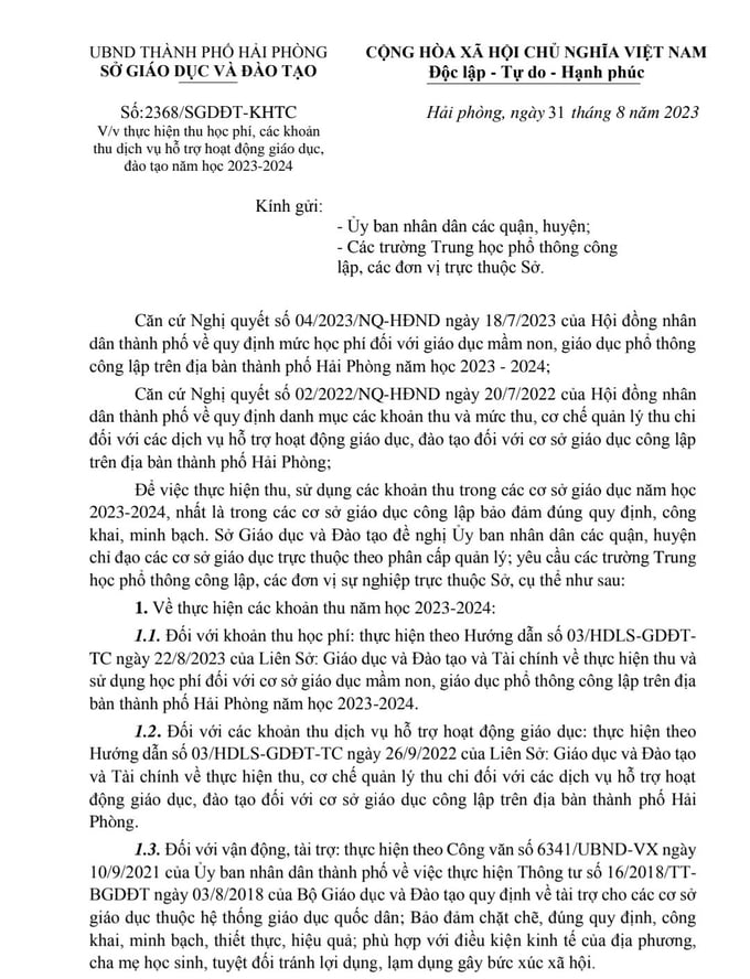 Văn bản số 2368/SGDĐT-KHTC về việc thực hiện thu học phí, các khoản thu dịch vụ hỗ trợ hoạt động giáo dục, đào tạo năm học 2023 – 2024