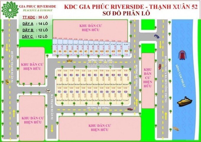 Dự án khu dân cư Gia Phúc Reverside - Thạnh Xuân 52 được phân ra thành 38 nền đất với diện tích đa dạng