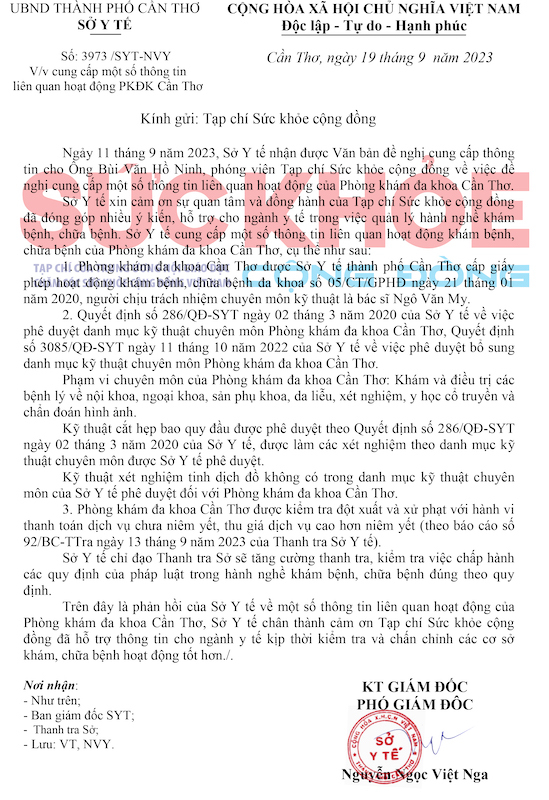Văn bản số: 3973/SYT-NVY, đề ngày 19/9/2023, người ký tên Nguyễn Ngọc Việt Nga - Phó Giám đốc Sở Y tế TP. Cần Thơ
