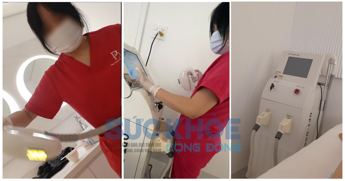 Nữ nhân viên tên T sử dụng thiết bị được cho là chiếu tia laser đốt lỗ chân lông của khách hàng
