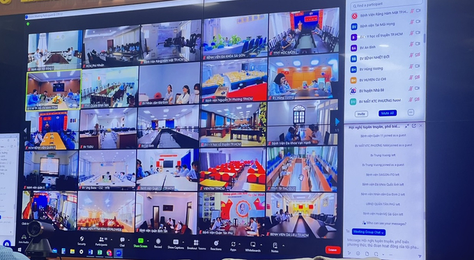 Đại diện các bệnh viện công lặp, bệnh viện ngoài công lập, phòng y tế, trung tâm y tế quận, huyện, TP. Thủ Đức tham gia hội nghị trực truyến