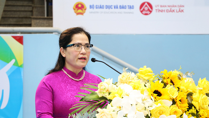 Thứ trưởng Bộ Giáo dục và Đào tạo Nguyễn Thị Kim Chi – Trưởng Ban Chỉ đạo Hội khỏe Phù Đổng (HKPĐ) toàn quốc lần thứ X phát biểu tại lễ khai mạc