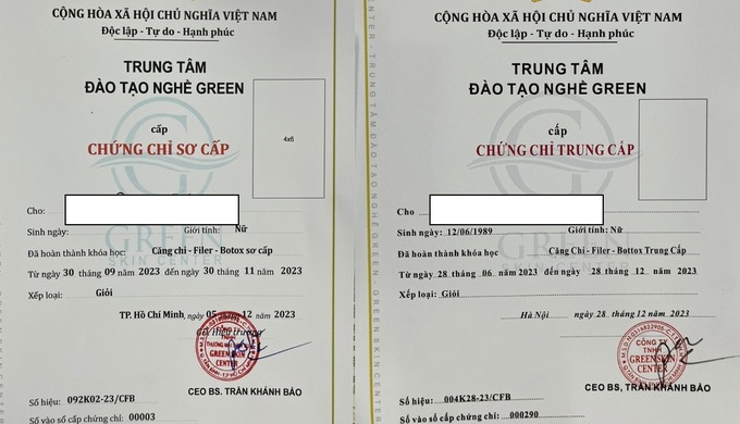 Mẫu Chứng chỉ tham gia khóa học do Công ty TNHH TM DV Green Skin Center và Công ty TNHH Green Skin Center cấp học viên (Ảnh: SYT)