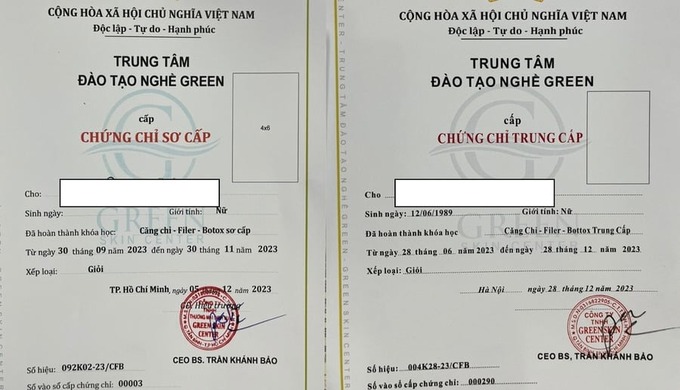 Hình ảnh mẫu Chứng chỉ tham gia khóa học do Công ty TNHH TM DV Green Skin Center và Công ty TNHH Green Skin Center cấp học viên (14/5/2024)