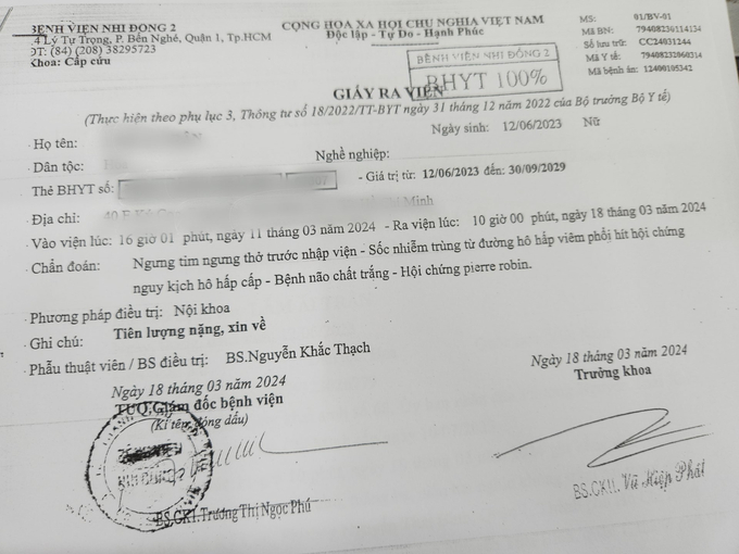 Giấy ra viện của bé L.A.T (sinh năm 2023) do người nhà cung cấp
