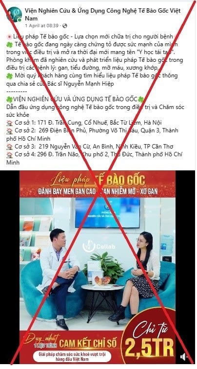 Trang facebook “Viện Nghiên cứu & Ứng dụng Công nghệ Tế bào gốc Việt Nam” quảng cáo trái phép nhiều nội dung như: tế bào gốc - Liệu pháp đột phá phục hồi sức khỏe, đánh bay men gan cao - gan nhiễm mỡ - xơ gan… (Ảnh: SYT)