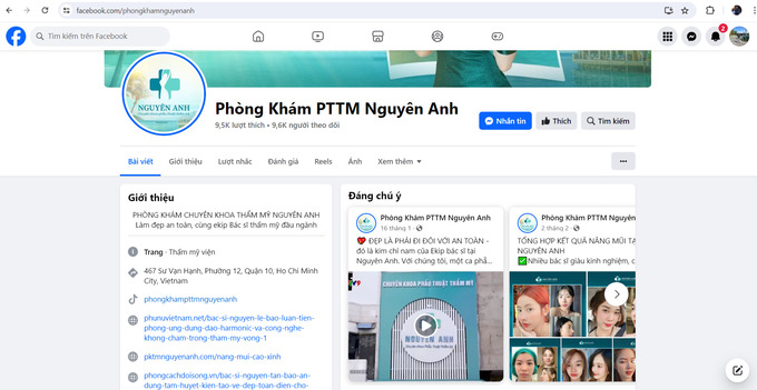 Chiều 5/6, trang Facebook của Phòng khám PTTM Nguyên Anh vẫn quảng cáo dịch vụ nâng mũi (Ảnh chụp màn hình)