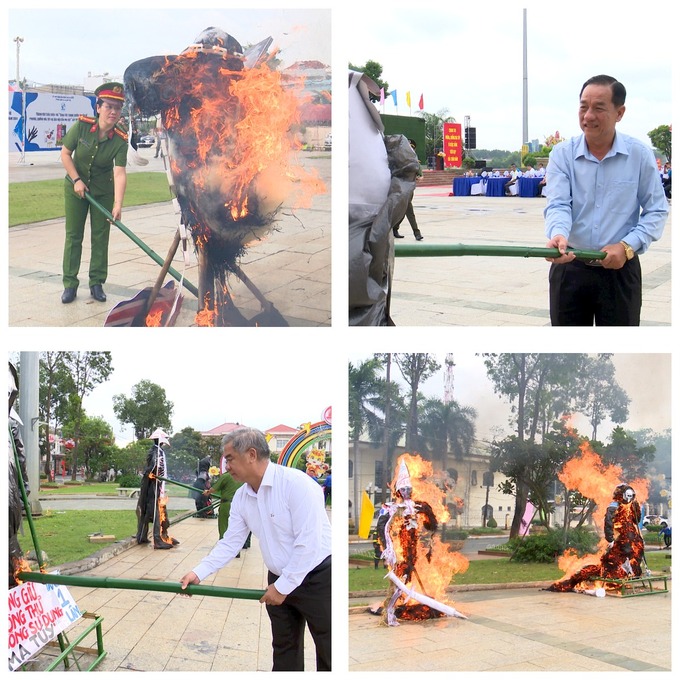 Lãnh đạo thành phố đã thể hiện quyết tâm trong công tác phòng chống ma túy bằng việc đốt hình nộm ma túy tại buổi lễ