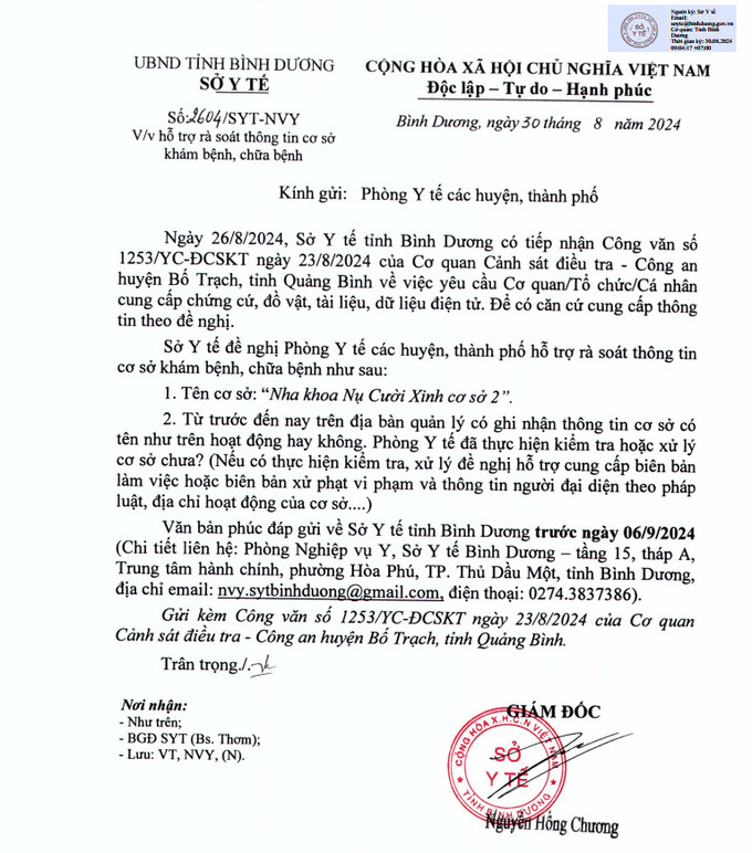 Công văn Sở Y tế tỉnh Bình Dương yêu cầu Phòng Y tế các huyện, thành phố tiến hành rà soát thông tin về cơ sở “Nha khoa Nụ Cười Xinh cơ sở 2” 