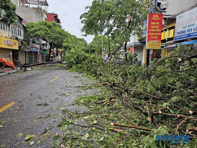 Trên phố Trần Hòa, thuộc phường Định Công, quận Hoàng Mai, Hà Nội, cây to, cây nhỏ đổ gục khắp dọc đường. Người dân đã phải lấy cưa máy để cưa những cây to, cùng nhau dọn vệ sinh, phát cành cây chắn trước cửa