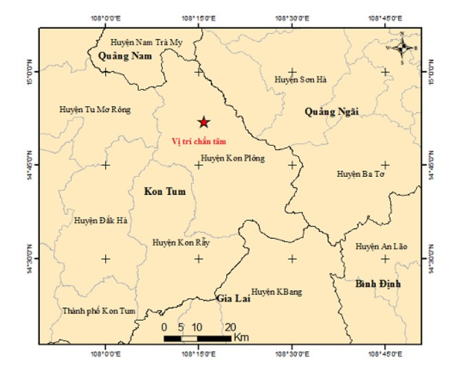 Bản đồ chấn tâm động đất tại huyện Kon Plông, tỉnh Kon Tum (Ảnh: Viện Vật lý địa cầu)