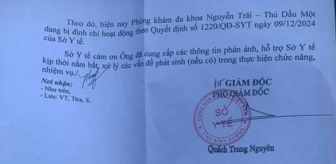 Sở Y tế ban hành Quyết định số 1220/QĐ-SYT ngày 9/12/2024, đình chỉ hoạt động chuyên môn kỹ thuật của Phòng khám Đa khoa Nguyễn Trãi - Thủ Dầu Một