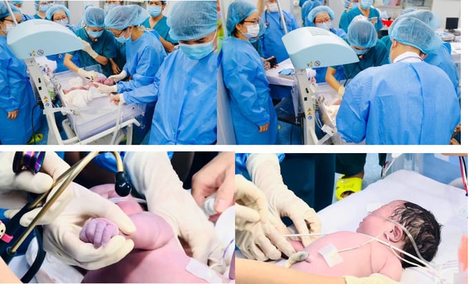 Các bác sĩ tiến hành kiểm tra, đánh giá tình trạng bé và tiến hành lập đường truyền nhanh để thực hiện phẫu thuật