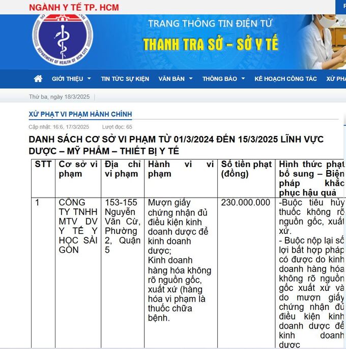 Công ty TNHH MTV DV Y tế Y học Sài Gòn bị Thanh tra Sở Y tế TP.HCM xử phạt 230 triệu đồng (Ảnh chụp màn hình)