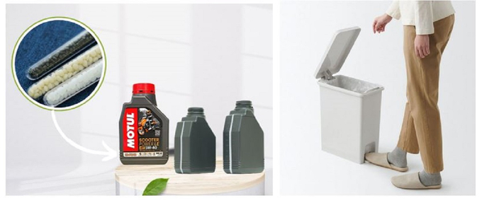Chai PCR và thùng rác có sử dụng nhựa tái chế (nguồn: Duy Tân và Muji)