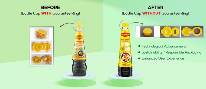 Nắp chai giảm nhựa trên bao bì nước tương, dầu hào (nguồn: Nestlé)