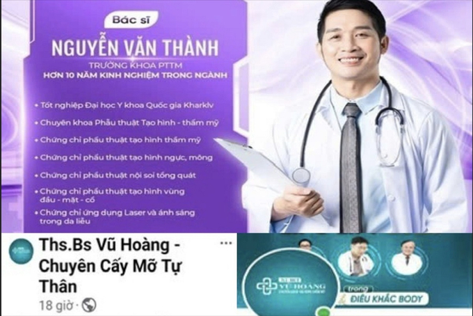 Trang facebook quảng cáo trái phép “Bác Sĩ Thành – Chuyên Hủy Mỡ Toàn Thân”; “Ths.Bs Vũ Hoàng – Chuyên Cấy Mỡ Tự Thân” (Ảnh: SYT)
