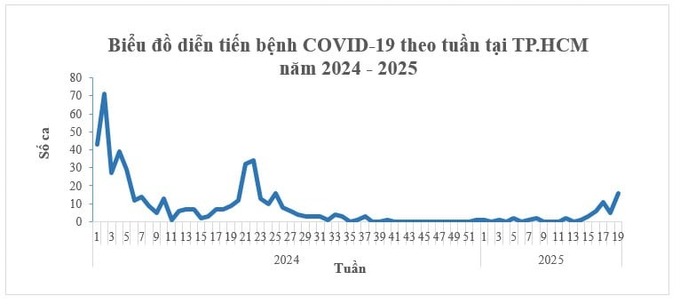 Biểu đồ diễn biến bệnh COVID-19 theo tuần tại TP. HCM năm 2024 - 2025 