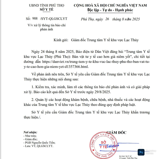 văn bản số: 988/SYT-QLGSCLYT gửi trung tâm Y tế khu vực Lạc Thủy.