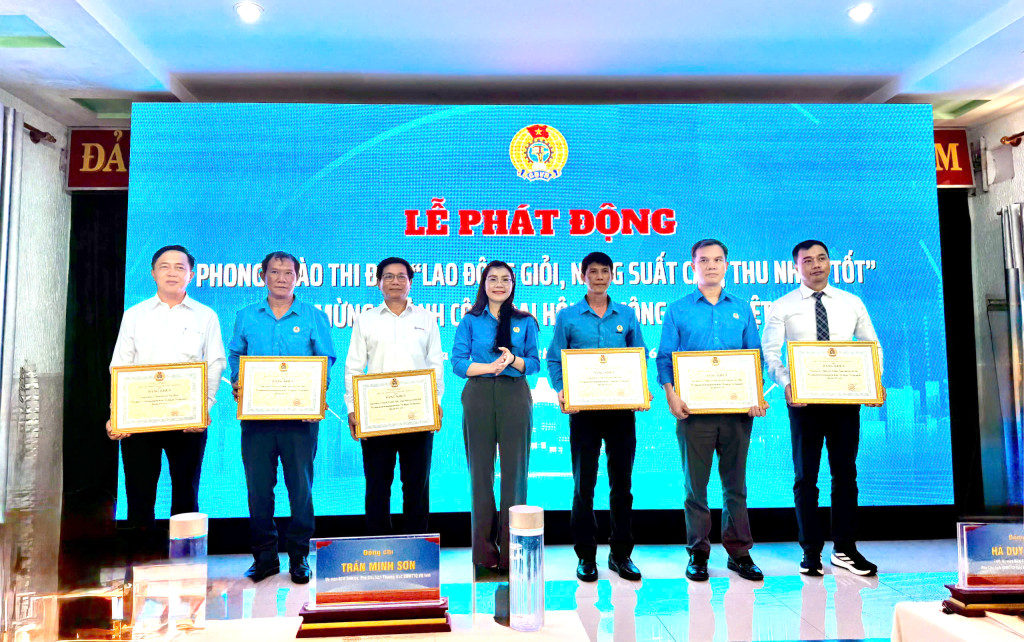 Đại diện Bệnh viện Đa khoa Trung tâm tỉnh Gia Lai (ngoài cùng bên phải) nhận bằng khen của Liên đoàn Lao động tỉnh Gia Lai