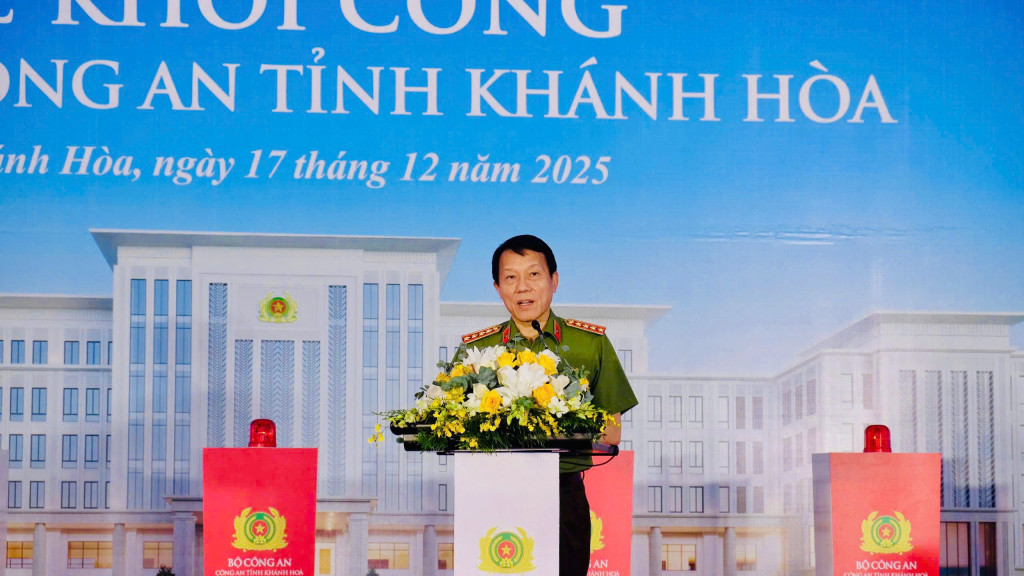 Đại tướng Lương Tam Quang, Bộ trưởng Bộ Công an phát biểu tại lễ khởi công (Ảnh: Thanh Huy)