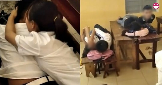 Nhiều đôi học sinh thản nhiên kê bàn ghế, nằm ôm ấp nhau trong lớp học ngay trong giờ nghỉ